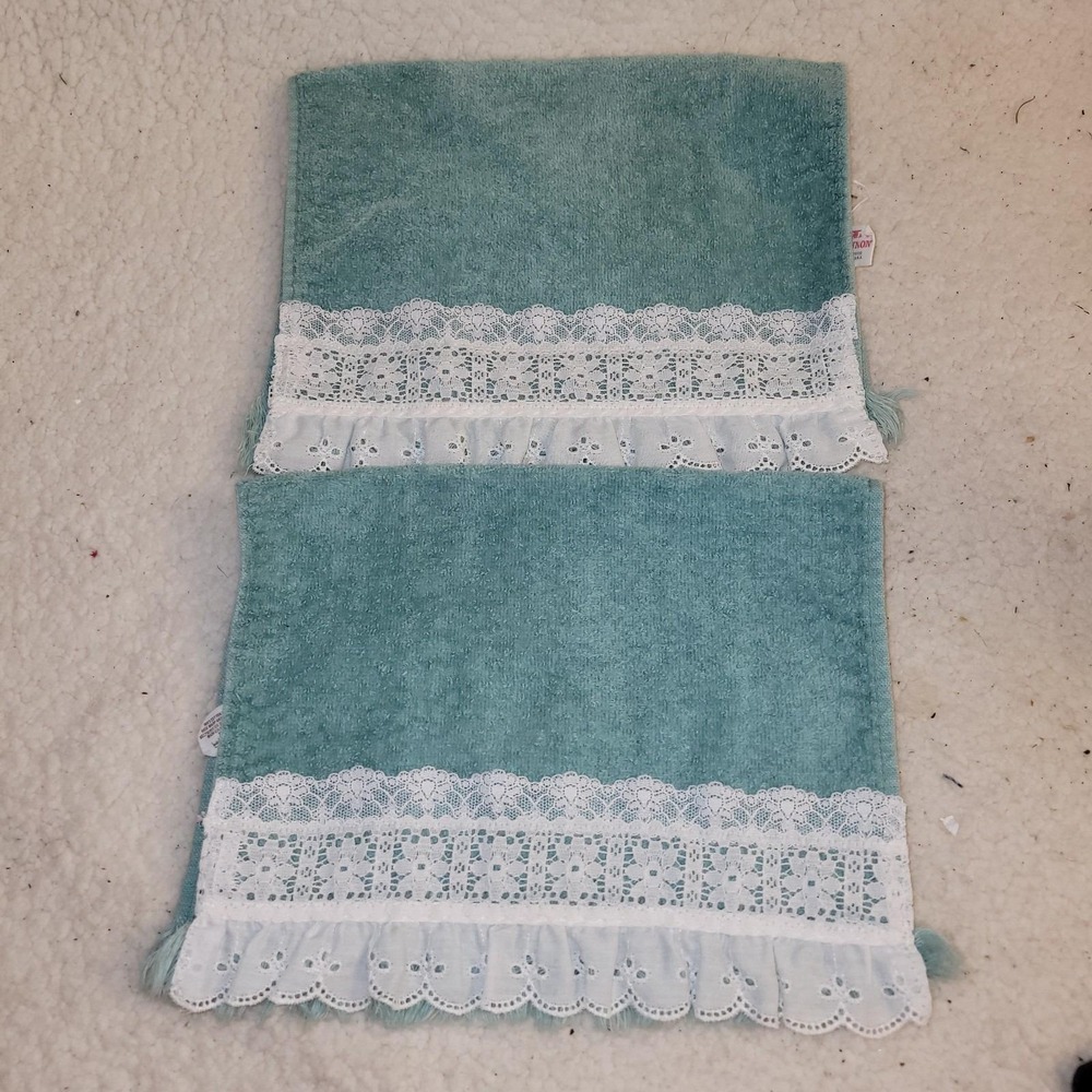 Vintage Cannon Lace Trim Hand Towels Seafoam Green‎ Cotton USA Set of 2